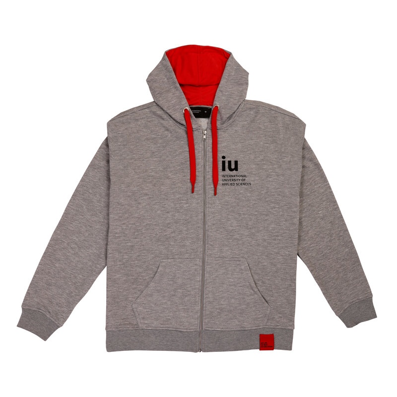 IU Zip Hoodie Grau Unisex – Logo englisch, Akzente Neonrot