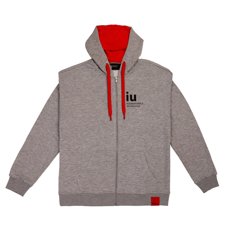 Zip Hoodie Grau Unisex – Logo deutsch, Akzente Neonrot